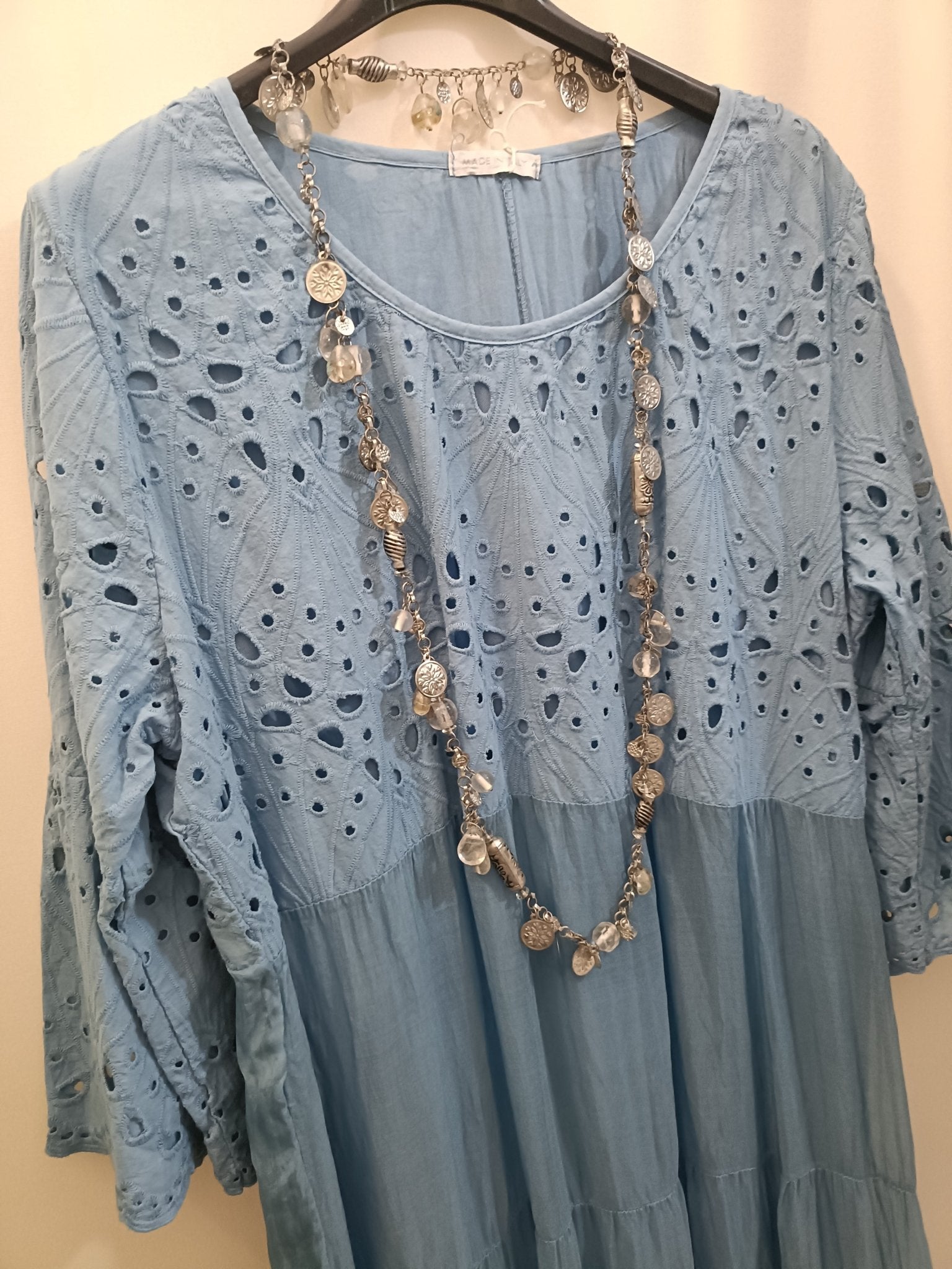 Abito azzurro seta e lino e viscosa sangallo taglie comode XL 4XL - Prima Fila Moda Curvy