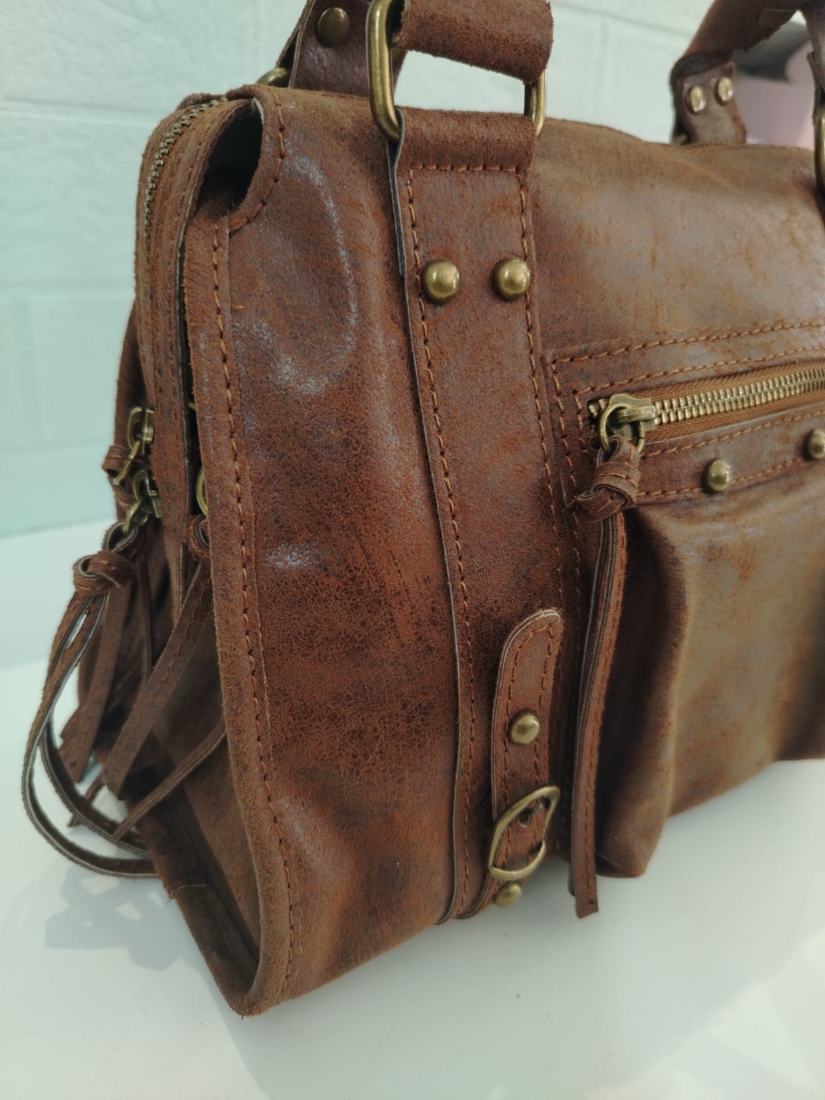 City bag media marrone in vera pelle