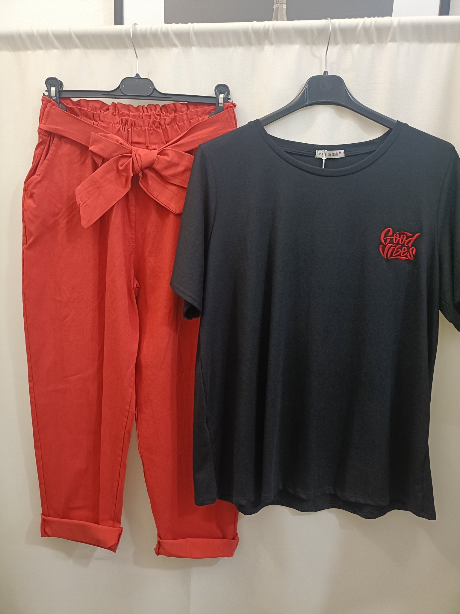 Completo coordinato Jeansetto fiocco e t-shirt cotone good vibes curvy - Prima Fila Moda Curvy