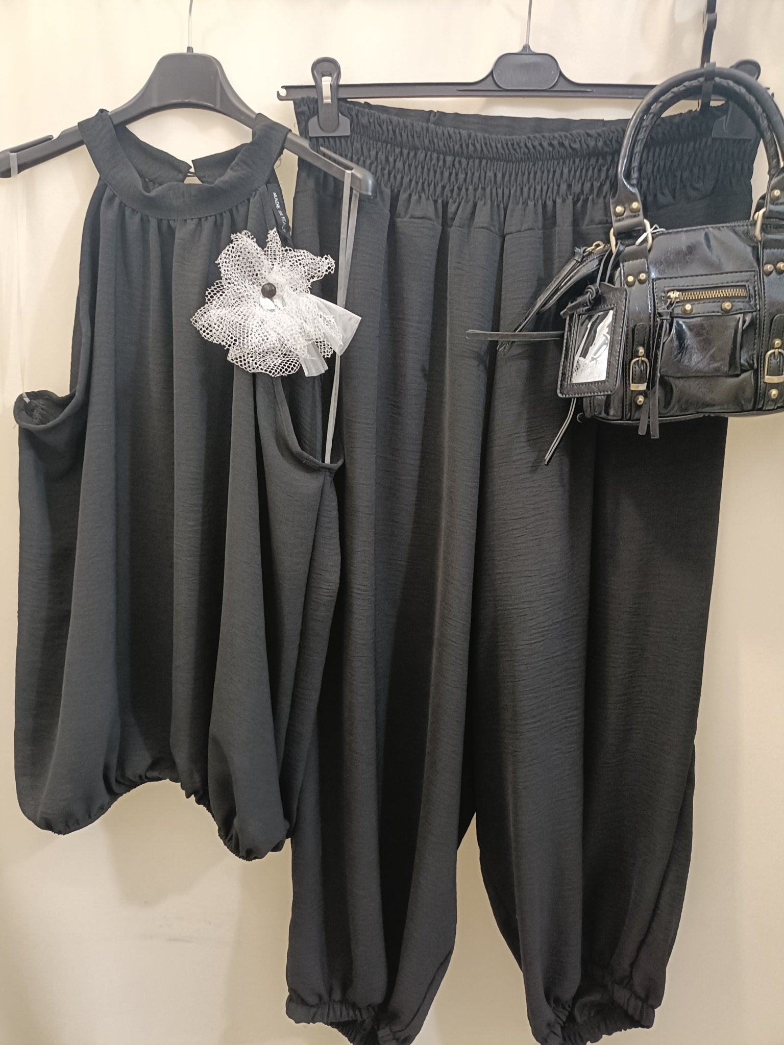 Completo coordinato top e pantalone Balloon Cioccolato taglie comode XL 4XL nero - Prima Fila Moda Curvy