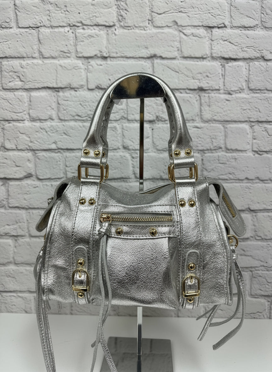 City bag media vera pelle satinata