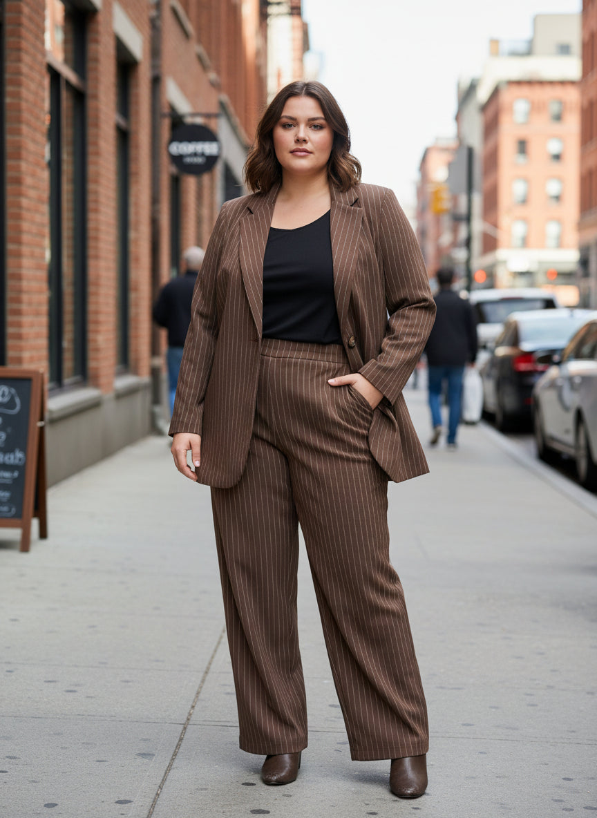 Completo gessato curvy marrone