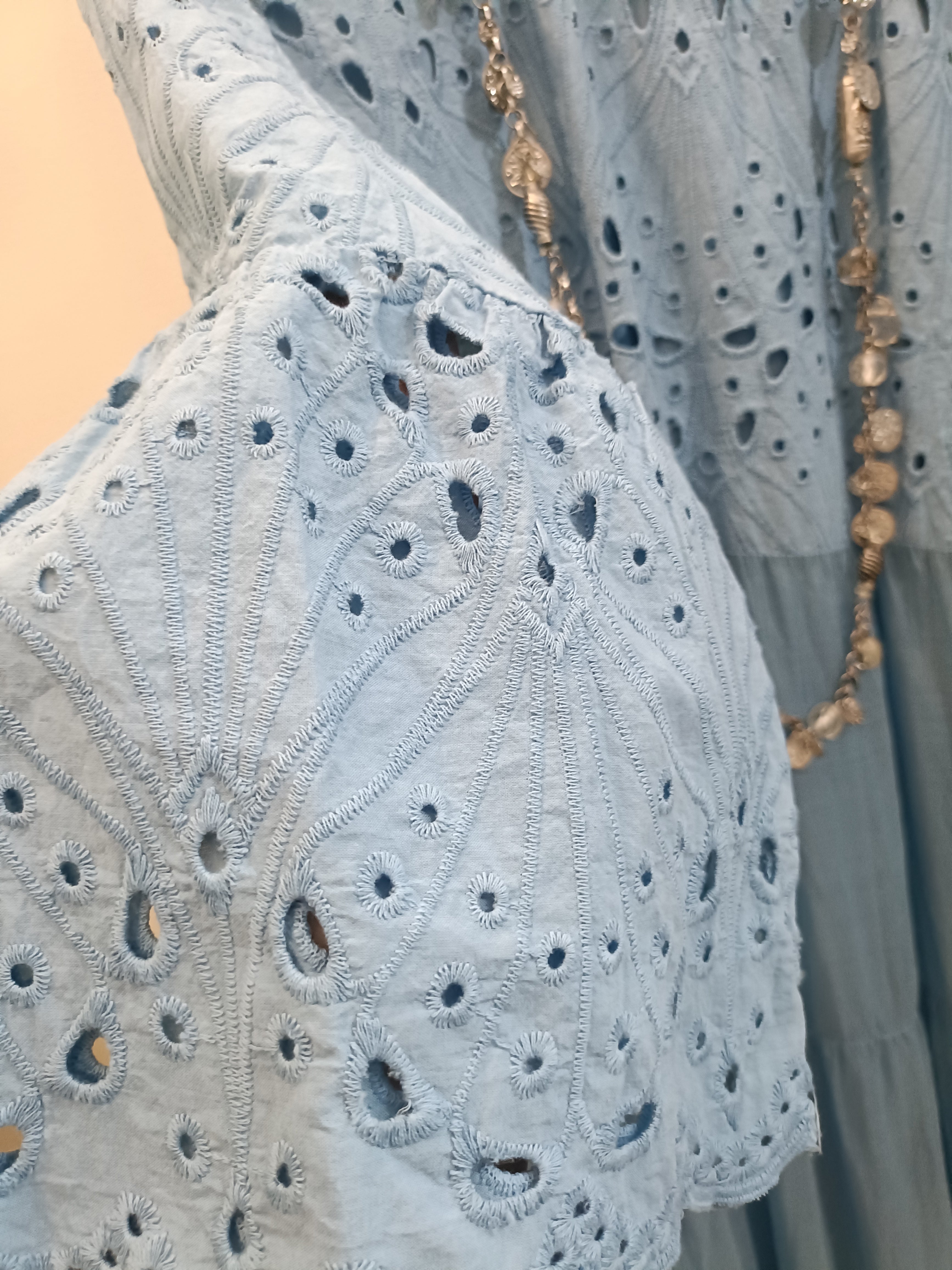 Abito azzurro seta e lino e viscosa sangallo taglie comode XL 4XL