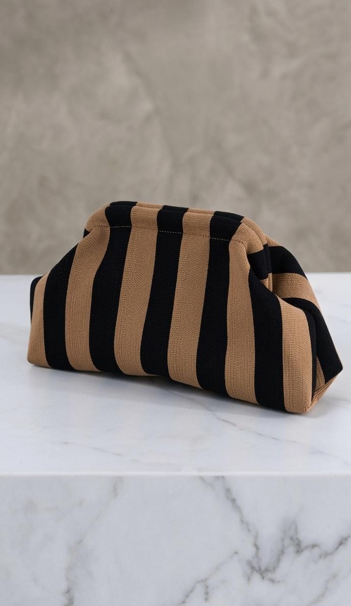 Borsa Pouch a Righe Cammello e Nero