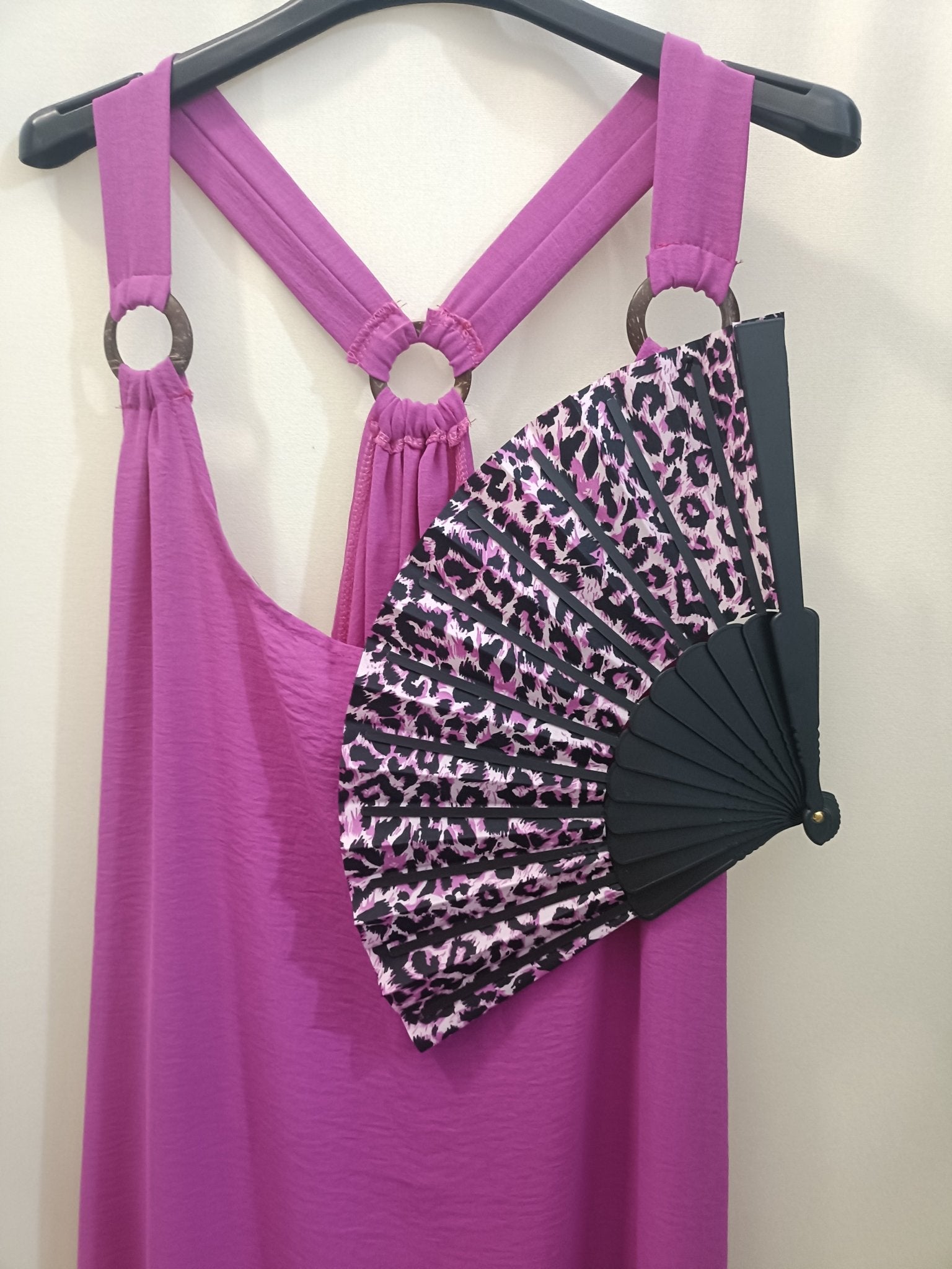 Set Abito ciclamino con dettagli cerchi e ventaglio taglie comode XL 5XL - Prima Fila Moda Curvy