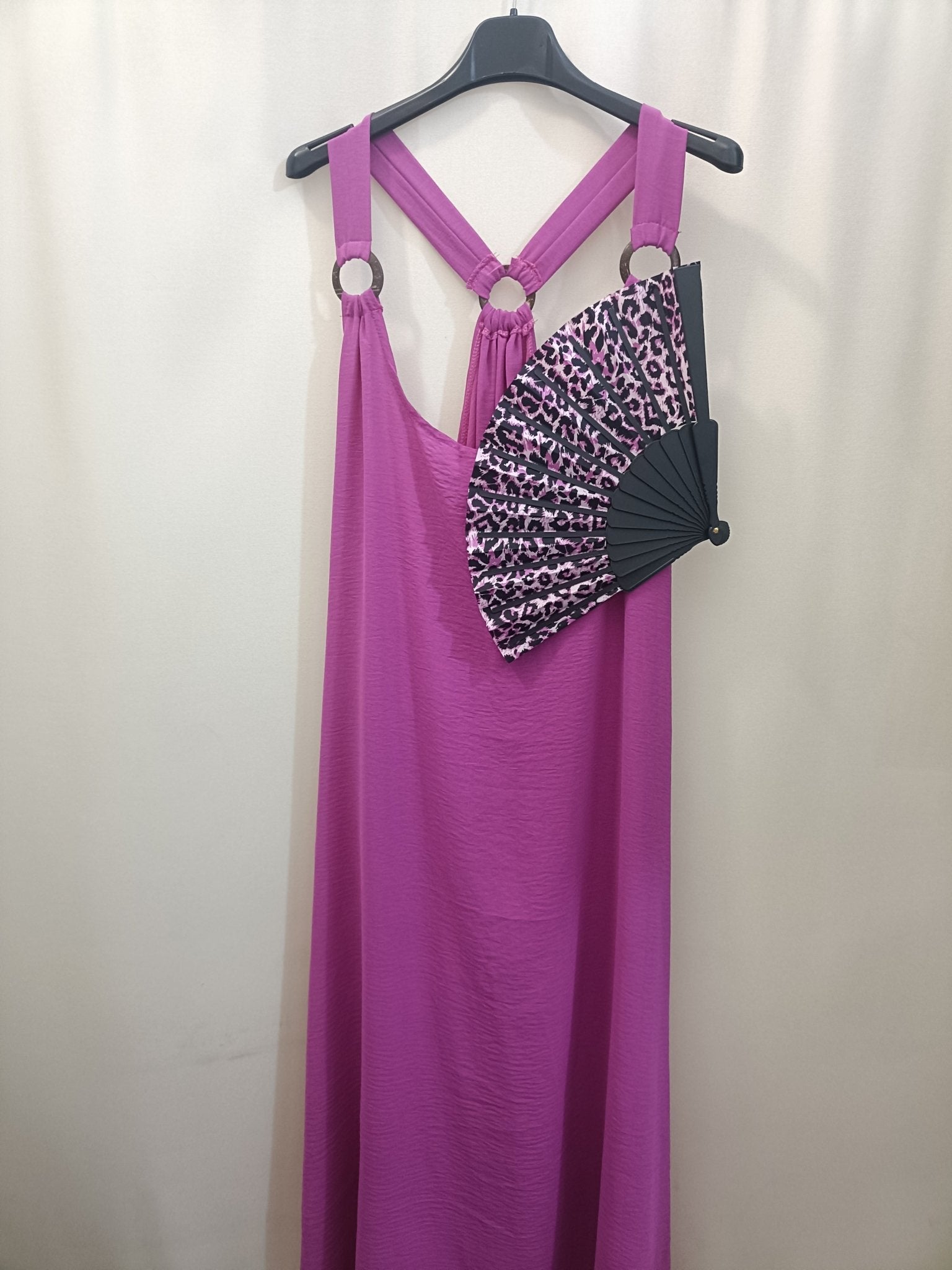 Set Abito ciclamino con dettagli cerchi e ventaglio taglie comode XL 5XL - Prima Fila Moda Curvy